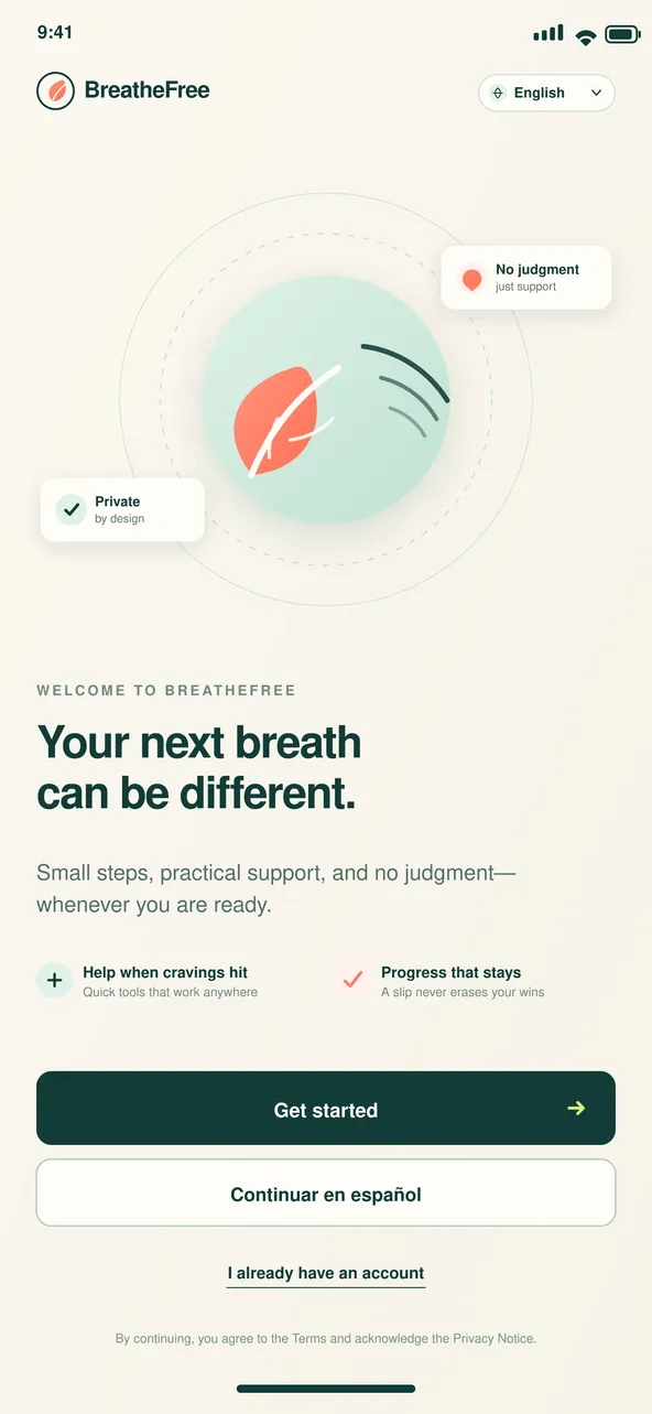 BreatheFree screen 1: Welcome. Introduces BreatheFree, language choice and the private, judgment-free promise.